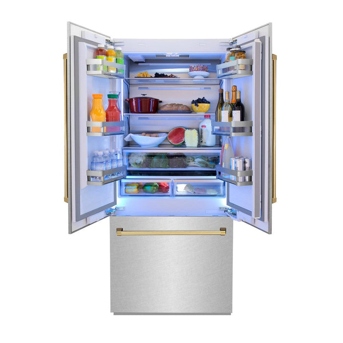 ZLINE Autograph Edition 36 in. 19.6 cu. ft. Built-in 3-Door French Door Refrigerator with Internal Water and Ice Dispenser in Fingerprint Resistant Stainless Steel with Polished Gold Accents (RBIVZ-SN-36-G)