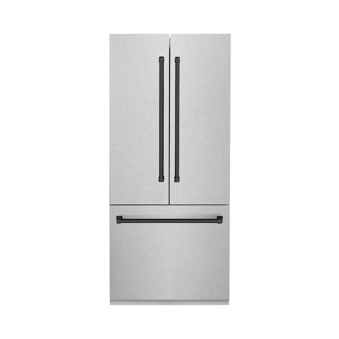 ZLINE Autograph Edition 36 in. 19.6 cu. ft. Built-in 3-Door French Door Refrigerator with Internal Water and Ice Dispenser in Fingerprint Resistant Stainless Steel with Matte Black Accents (RBIVZ-SN-36-MB)