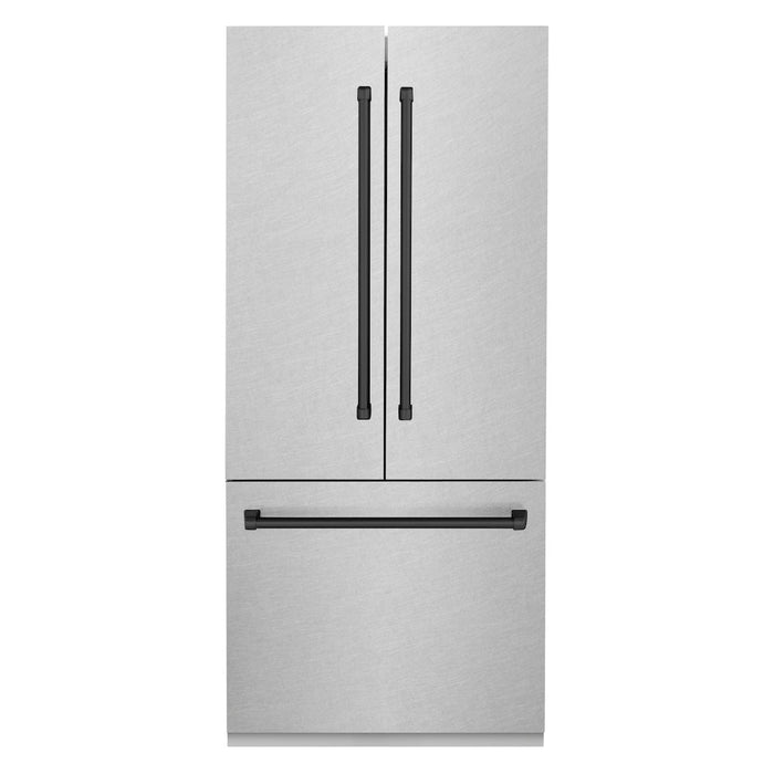 ZLINE Autograph Edition 36 in. 19.6 cu. ft. Built-in 3-Door French Door Refrigerator with Internal Water and Ice Dispenser in Fingerprint Resistant Stainless Steel with Matte Black Accents (RBIVZ-SN-36-MB)