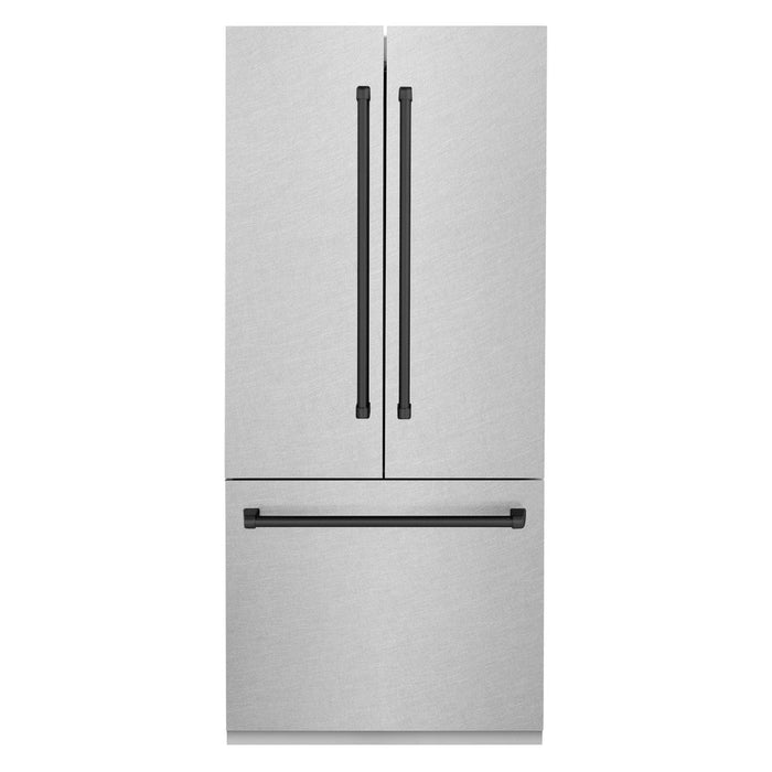 ZLINE Autograph Edition 36 in. 19.6 cu. ft. Built-in 3-Door French Door Refrigerator with Internal Water and Ice Dispenser in Fingerprint Resistant Stainless Steel with Matte Black Accents (RBIVZ-SN-36-MB)