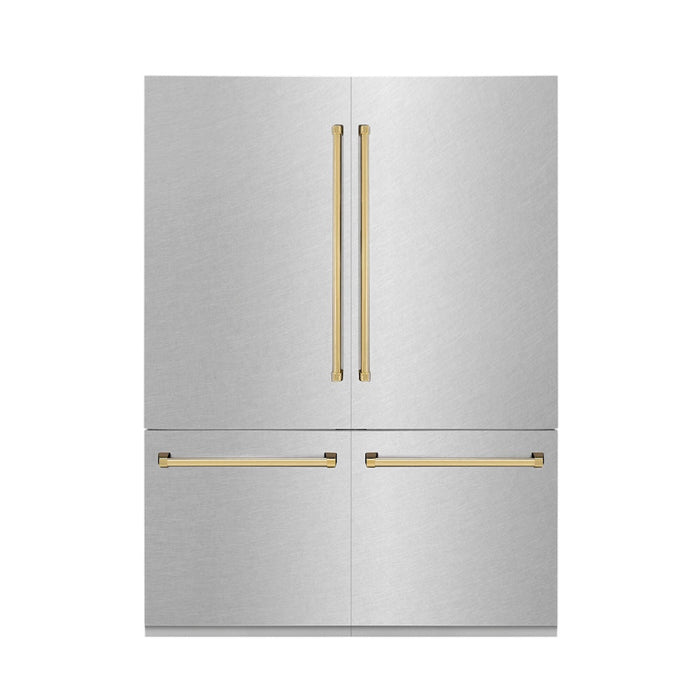 ZLINE Autograph Edition 60 in. 32.2 cu. ft. Built-in 4-Door French Door Refrigerator with Internal Water and Ice Dispenser in Fingerprint Resistant Stainless Steel with Polished Gold Accents (RBIVZ-SN-60-G)