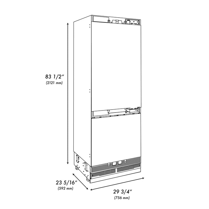 ZLINE Autograph 30" 16.1 cu. ft. Panel Ready Built-in 2-Door Bottom Freezer Refrigerator with Internal Water and Ice Dispenser with Gold Handles, RBIVZ-30-G