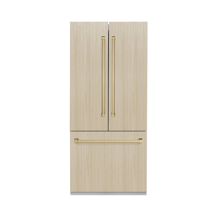 ZLINE Autograph Edition 36 in. 19.6 cu. ft. Panel Ready Built-in 3-Door French Door Refrigerator with Internal Water and Ice Dispenser with Champagne Bronze Handles (RBIVZ-36-CB)