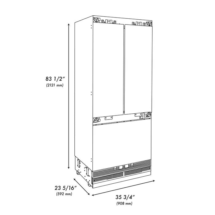 ZLINE Autograph 36" 19.6 cu. ft. Panel Ready Built-in 3-Door French Door Refrigerator with Internal Water and Ice Dispenser with Black Matte Handles, RBIVZ-36-MB