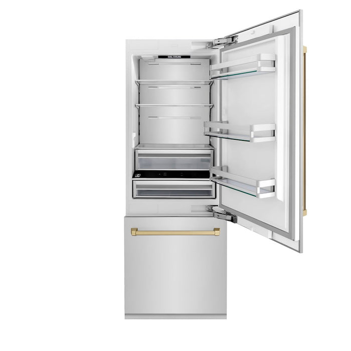 ZLINE Autograph Edition 30 in. 16.1 cu. ft. Built-in 2-Door Bottom Freezer Refrigerator with Internal Water and Ice Dispenser in Stainless Steel with Champagne Bronze Accents (RBIVZ-304-30-CB)