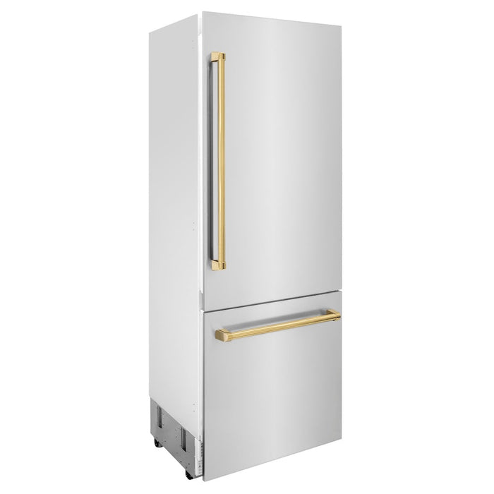 ZLINE Autograph Edition 30 in. 16.1 cu. ft. Built-in 2-Door Bottom Freezer Refrigerator with Internal Water and Ice Dispenser in Stainless Steel with Polished Gold Accents (RBIVZ-304-30-G)