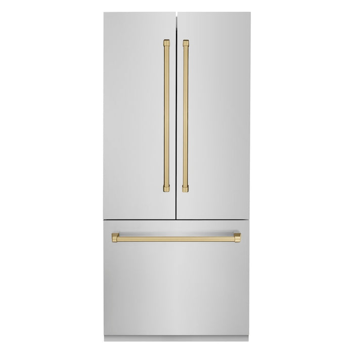 ZLINE Autograph Edition 36 in. 19.6 cu. ft. Built-in 3-Door French Door Refrigerator with Internal Water and Ice Dispenser in Stainless Steel with Champagne Bronze Accents (RBIVZ-304-36-CB)