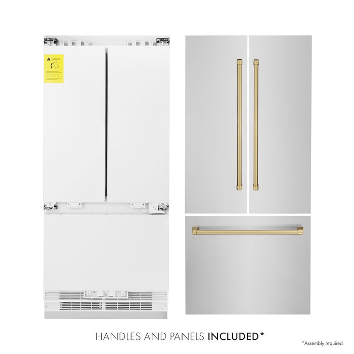 ZLINE Autograph Edition 36 in. 19.6 cu. ft. Built-in 3-Door French Door Refrigerator with Internal Water and Ice Dispenser in Stainless Steel with Champagne Bronze Accents (RBIVZ-304-36-CB)