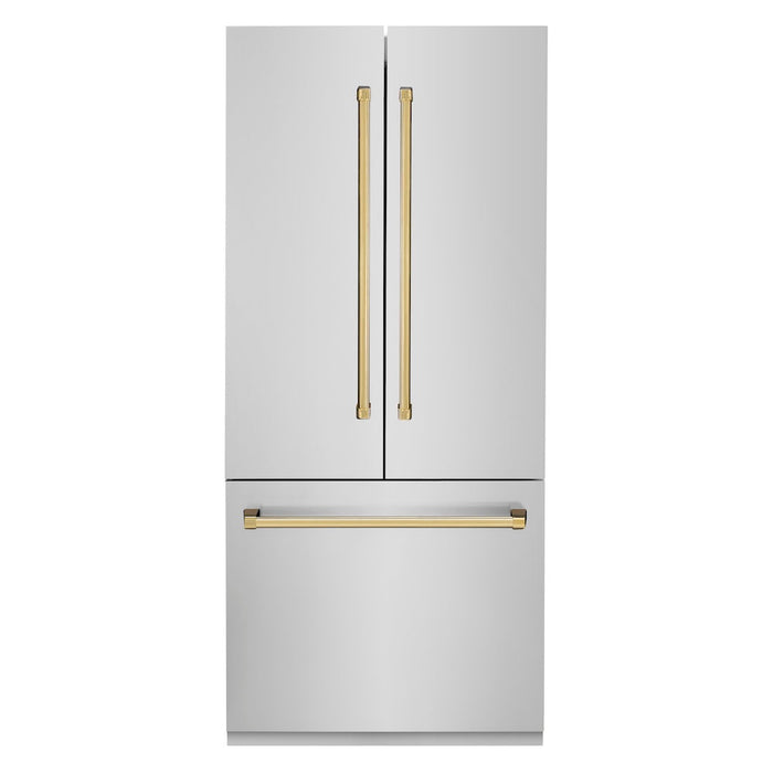 ZLINE Autograph Edition 36 in. 19.6 cu. ft. Built-in 3-Door French Door Refrigerator with Internal Water and Ice Dispenser in Stainless Steel with Polished Gold Accents (RBIVZ-304-36-G)