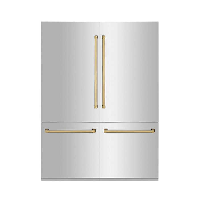 ZLINE Autograph Edition 60 in. 32.2 cu. ft. Built-in 4-Door French Door Refrigerator with Internal Water and Ice Dispenser in Stainless Steel with Polished Gold Accents (RBIVZ-304-60-G)