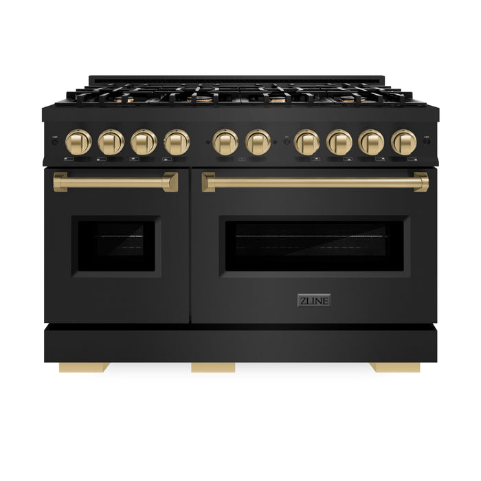 ZLINE Autograph Edition 48" 6.7 cu. ft. Classic Double Oven Dual Fuel Range with 8 Burners in Black Stainless Steel and Champagne Bronze Accents, CDRBZ-48-CB