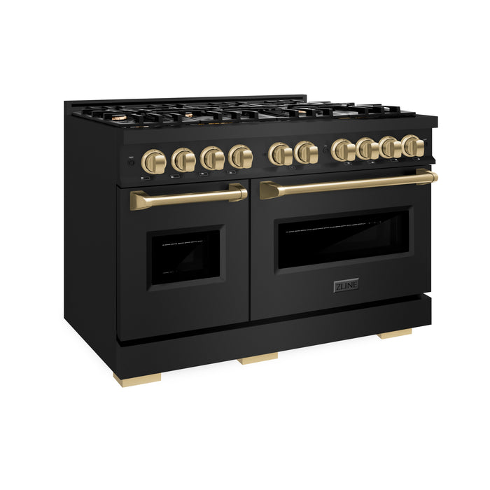 ZLINE Autograph Edition 48" 6.7 cu. ft. Classic Double Oven Dual Fuel Range with 8 Burners in Black Stainless Steel and Champagne Bronze Accents, CDRBZ-48-CB