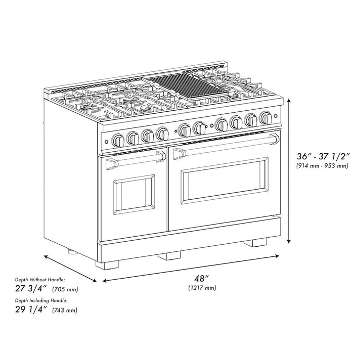 ZLINE Autograph Edition 48 in. 6.7 cu. ft. Classic Double Oven Dual Fuel Range with 8 Burner Gas Cooktop in Stainless Steel and Polished Gold Accents (CDRZ-48-G)