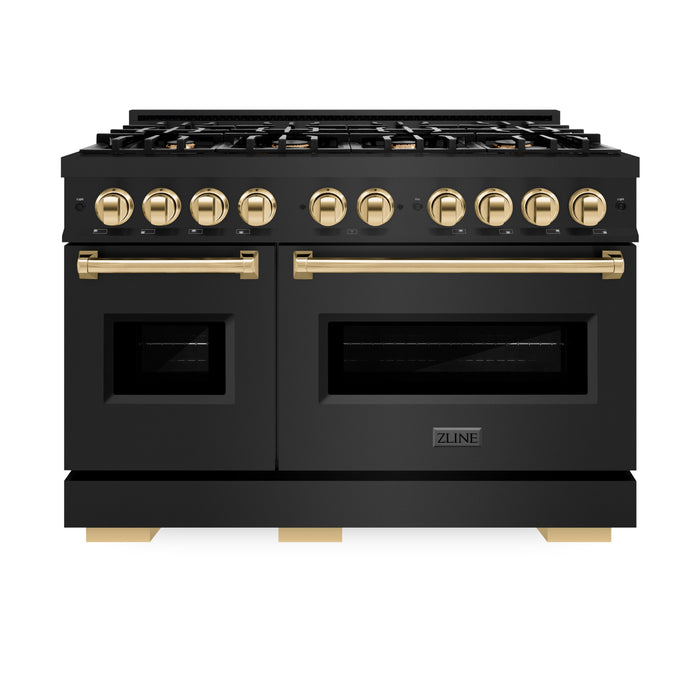 ZLINE Autograph Edition 48" 6.7 cu. ft. Classic Double Oven Dual Fuel Range with 8 Burners in Black Stainless Steel and Polished Gold Accents, CDRBZ-48-G