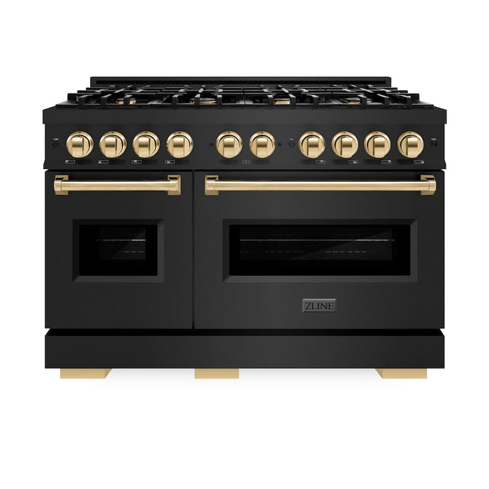 ZLINE Autograph Edition 48 in. 6.7 cu. ft. Classic Double Oven Dual Fuel Range with 8 Burner Gas Cooktop in Black Stainless Steel and Polished Gold Accents (CDRBZ-48-G)