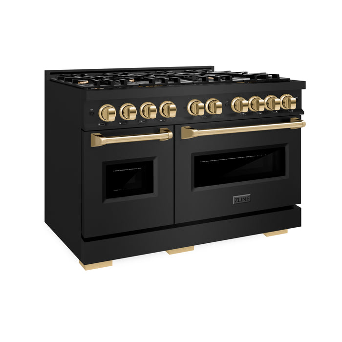 ZLINE Autograph Edition 48" 6.7 cu. ft. Classic Double Oven Dual Fuel Range with 8 Burners in Black Stainless Steel and Polished Gold Accents, CDRBZ-48-G