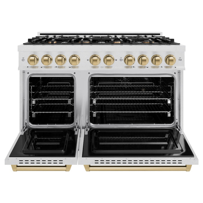 ZLINE Autograph Edition 48 in. 6.7 cu. ft. Classic Double Oven Dual Fuel Range with 8 Burner Gas Cooktop in DuraSnow® Stainless Steel and Champagne Bronze Accents (CDRSZ-48-CB)