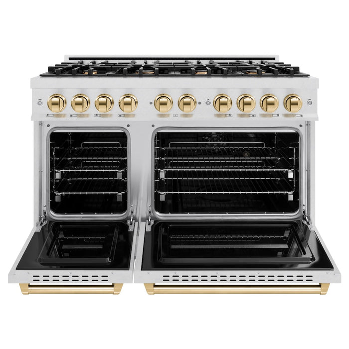 ZLINE Autograph Edition 48 in. 6.7 cu. ft. Classic Double Oven Dual Fuel Range with 8 Burner Gas Cooktop in DuraSnow® Stainless Steel and Polished Gold Accents (CDRSZ-48-G)