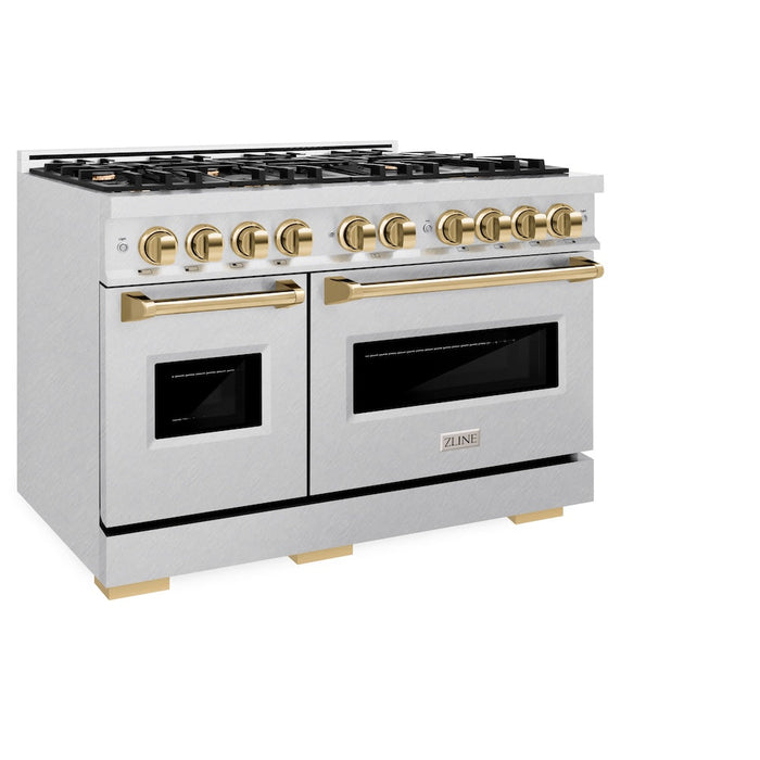 ZLINE Autograph Edition 48 in. 6.7 cu. ft. Classic Double Oven Dual Fuel Range with 8 Burner Gas Cooktop in DuraSnow® Stainless Steel and Polished Gold Accents (CDRSZ-48-G)