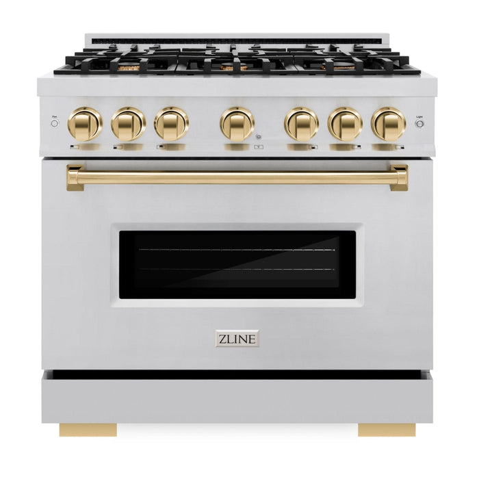 ZLINE Autograph Edition 36" 5.2 cu. ft. Classic Dual Fuel Range with 6 Burners in Stainless Steel with Polished Gold Accents, CDRZ-36-G