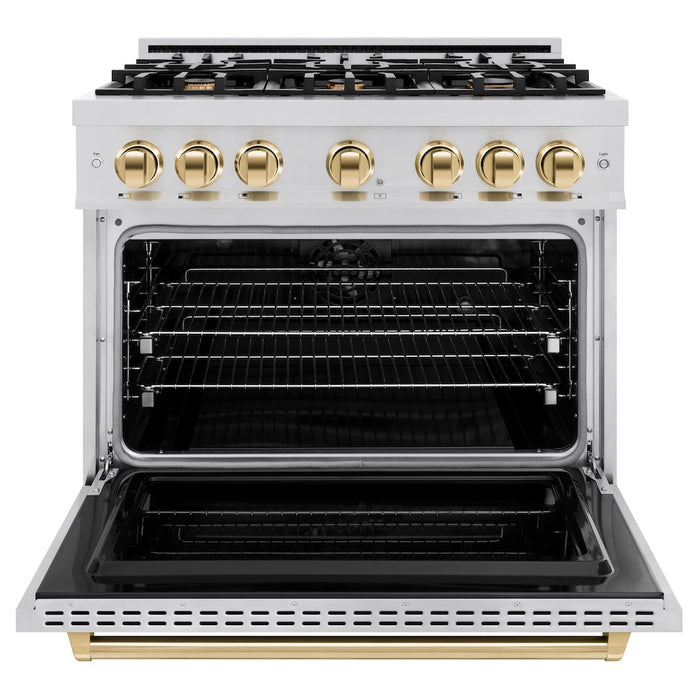 ZLINE Autograph Edition 36 in. 5.2 cu. ft. Classic Dual Fuel Range with 6 Burner Gas Cooktop and Electric Convection Oven in Stainless Steel with Polished Gold Accents (CDRZ-36-G)