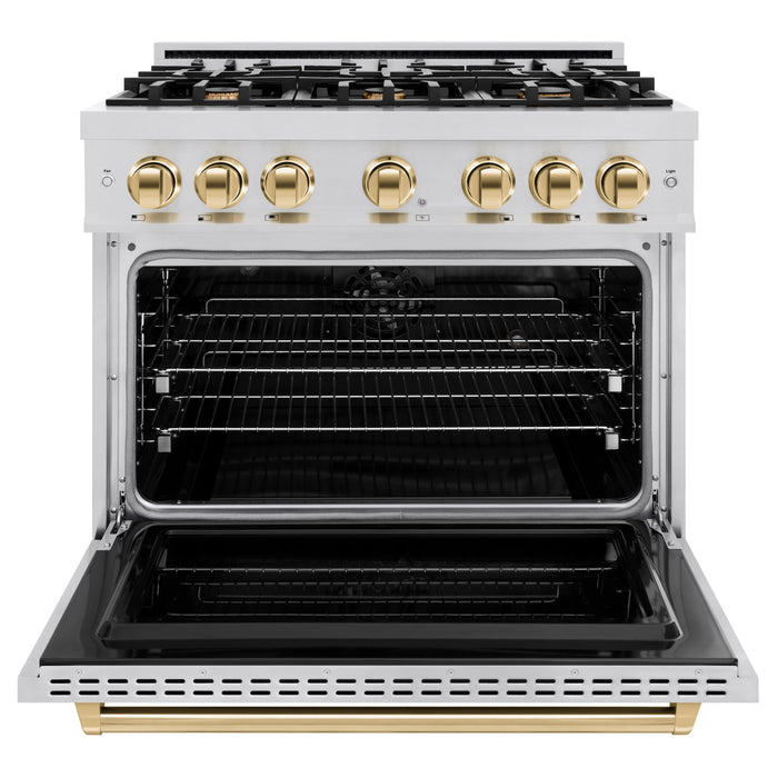 ZLINE Autograph Edition 36" 5.2 cu. ft. Classic Dual Fuel Range with 6 Burners in Stainless Steel with Polished Gold Accents, CDRZ-36-G