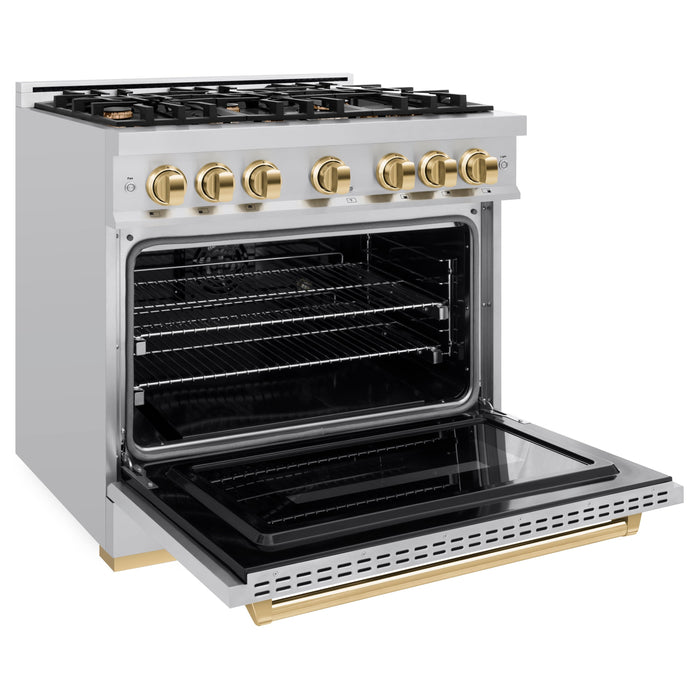 ZLINE Autograph Edition 36" 5.2 cu. ft. Classic Dual Fuel Range with 6 Burners in Stainless Steel with Polished Gold Accents, CDRZ-36-G