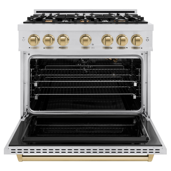 ZLINE Autograph Edition 36" 5.2 cu. ft. Classic Gas Range with 6 Burners in Stainless Steel and Champagne Bronze Accents, CGRZ-36-CB