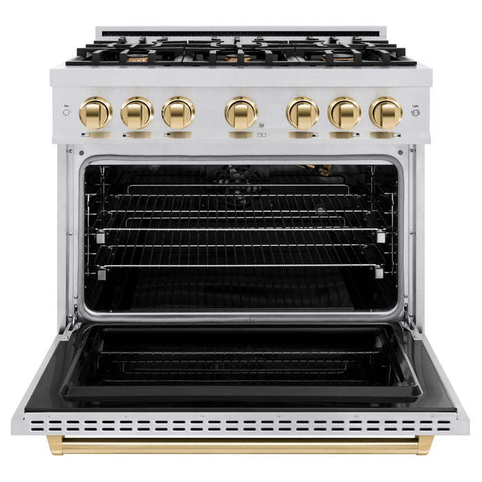 ZLINE Autograph Edition 36 in. 5.2 cu. ft. Classic Gas Range with 6 Burner Cooktop and Convection Gas Oven in Stainless Steel and Polished Gold Accents (CGRZ-36-G)