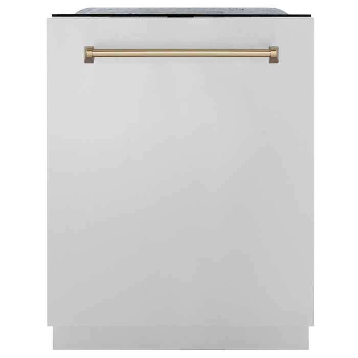 ZLINE Autograph Package - 48" Dual Fuel Range, Range Hood, Refrigerator, Microwave and Dishwasher in Stainless Steel with Bronze Accents