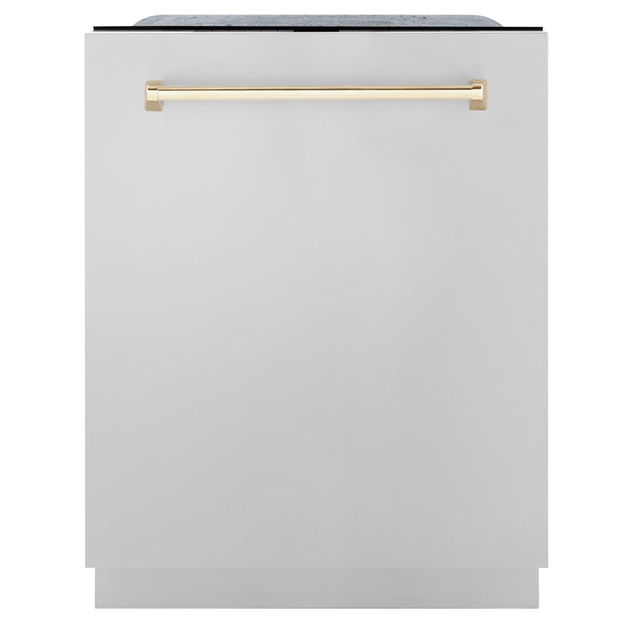 ZLINE Autograph Package - 48" Dual Fuel Range, Range Hood, Refrigerator with Water and Ice Dispenser, Microwave and Dishwasher in Stainless Steel with Gold Accents