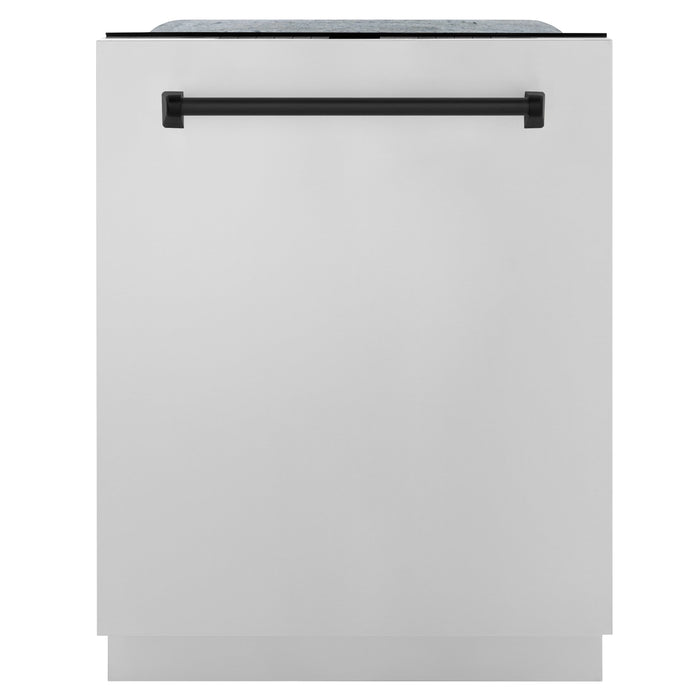 ZLINE Autograph Package - 48" Dual Fuel Range, Range Hood, Refrigerator with Water and Ice Dispenser, Microwave and Dishwasher in Stainless Steel with Black Accents