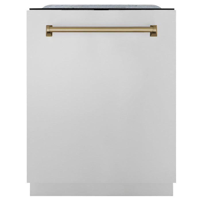 ZLINE Autograph Edition 48 in. Kitchen Package with Stainless Steel Dual Fuel Range, Range Hood, Dishwasher, and French Door Refrigerator with Champagne Bronze Accents (4KAPR-RARHDWM48-CB)