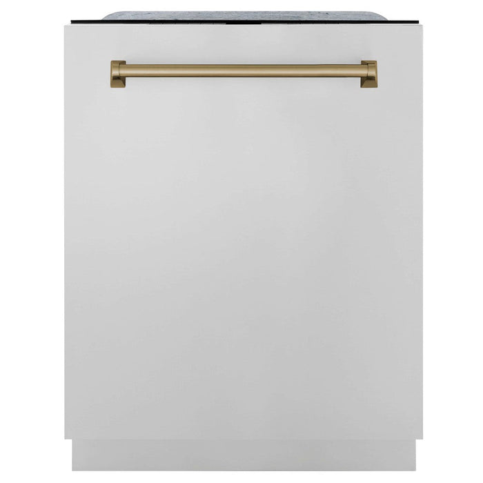 ZLINE Autograph Edition 30 in. Kitchen Package with Stainless Steel Dual Fuel Range, Range Hood, Dishwasher and French Door Refrigerator with External Water Dispenser and Champagne Bronze Accents (4AKPR-RARHDWM30-CB)