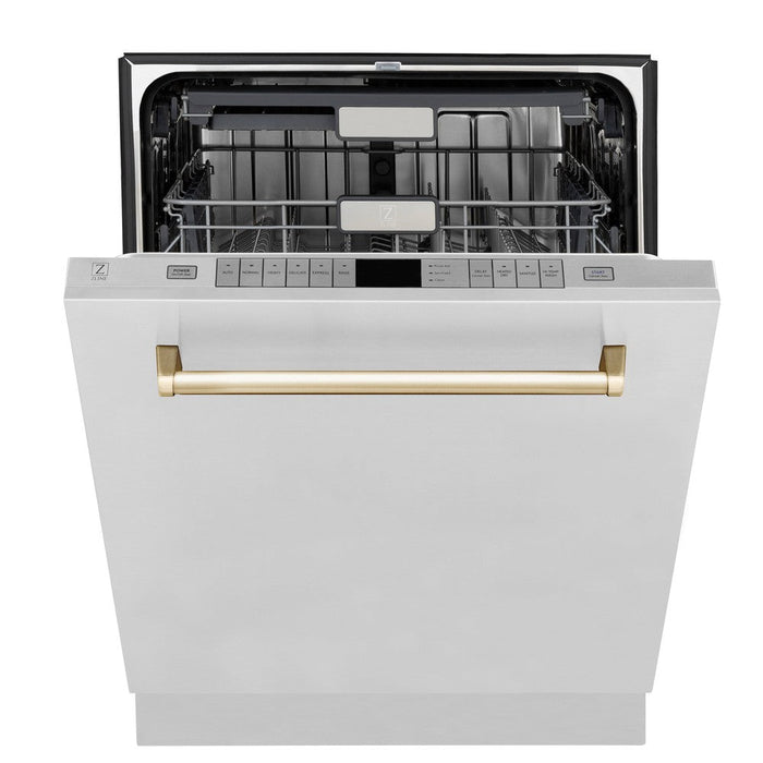 ZLINE Autograph Edition 36 in. Kitchen Package with Stainless Steel Dual Fuel Range, Range Hood, Dishwasher and Refrigeration Including External Water Dispenser with Polished Gold Accents (4AKPR-RARHDWM36-G)