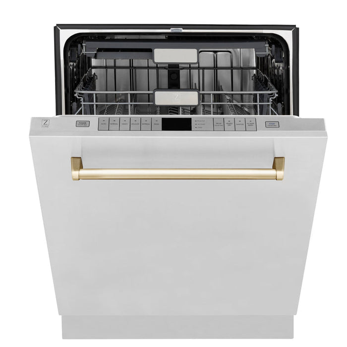 ZLINE Autograph Package - 48" Dual Fuel Range, Hood, Refrigerator with Water and Ice Dispenser, Dishwasher - Gold Accents