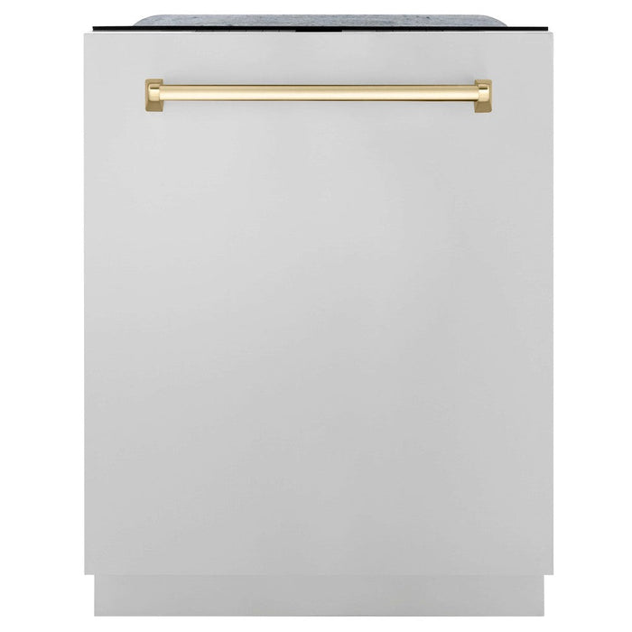 ZLINE Autograph Edition 30 in. Kitchen Package with Stainless Steel Dual Fuel Range, Range Hood, Dishwasher and French Door Refrigerator with External Water Dispenser with Polished Gold Accents (4AKPR-RARHDWM30-G)