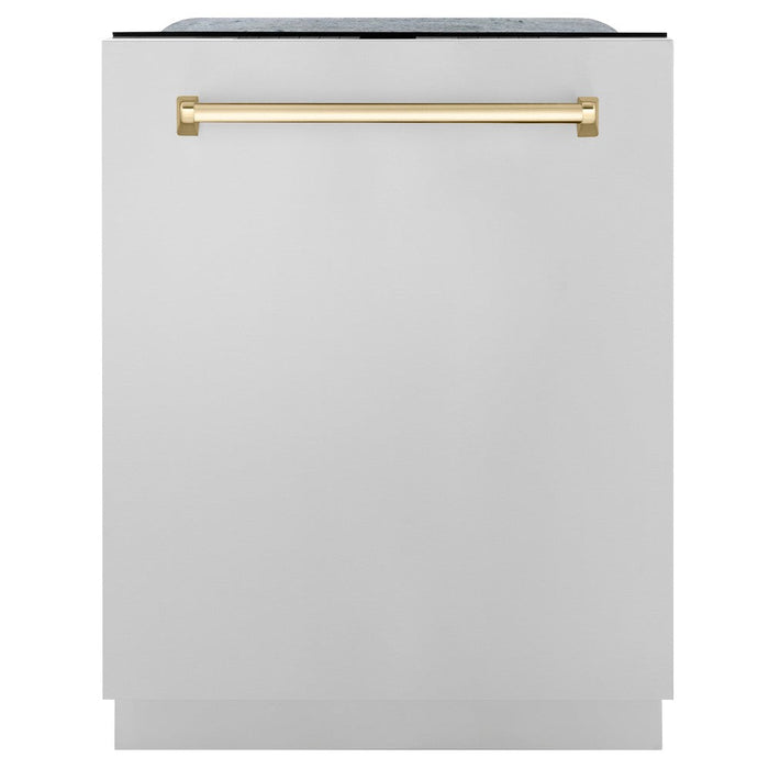 ZLINE Autograph Edition 36 in. Kitchen Package with Stainless Steel Dual Fuel Range, Range Hood, Dishwasher and Refrigeration Including External Water Dispenser with Polished Gold Accents (4AKPR-RARHDWM36-G)