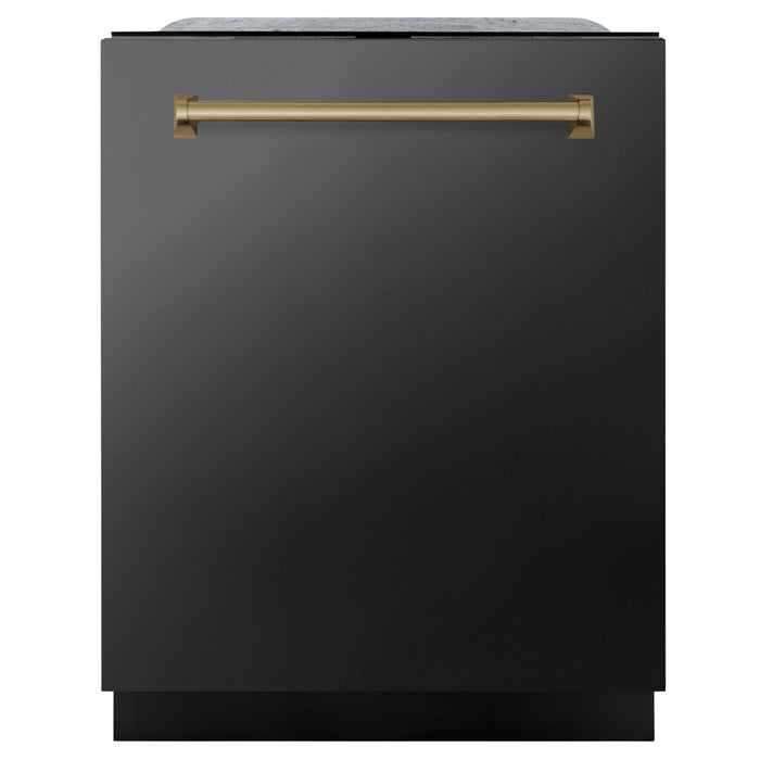 ZLINE Autograph Edition 24 In. 3rd Rack Top Touch Control Tall Tub Dishwasher in Black Stainless Steel with Champagne Bronze Handle, DWMTZ-BS-24-CB