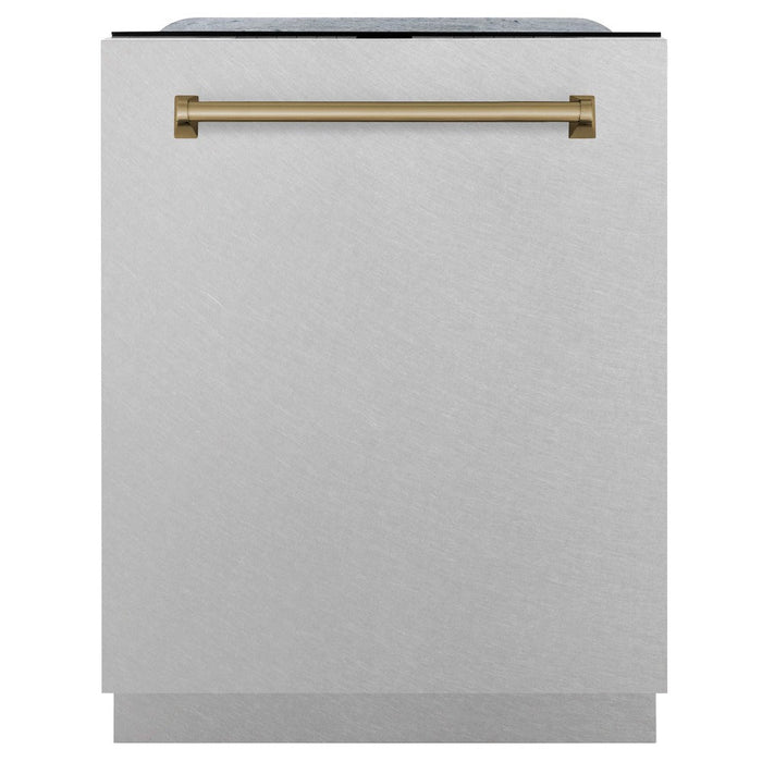 ZLINE Autograph Edition 24 in. Monument Series 3rd Rack Top Touch Control Tall Tub Dishwasher in Fingerprint Resistant Stainless Steel with Champagne Bronze Handle, 45dBa (DWMTZ-SN-24-CB)