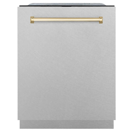 ZLINE Autograph Edition 24 in. Monument Series 3rd Rack Top Touch Control Tall Tub Dishwasher in Fingerprint Resistant Stainless Steel with Polished Gold Handle, 45dBa (DWMTZ-SN-24-G) front, closed.