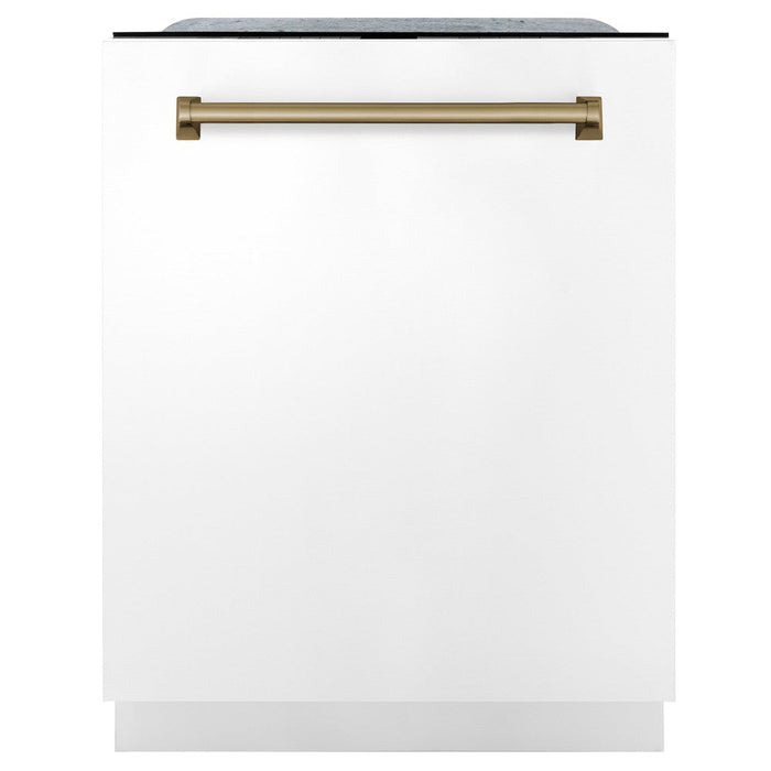 ZLINE Autograph Edition 48 in. Kitchen Package with Stainless Steel Dual Fuel Range with White Matte Door, Range Hood and Dishwasher with Champagne Bronze Accents (3AKP-RAWMRHDWM48-CB)