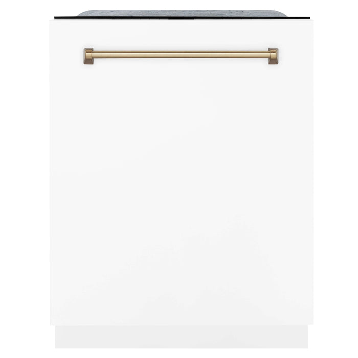 ZLINE Autograph Edition 36 in. Kitchen Package with Stainless Steel Dual Fuel Range with White Matte Door, Range Hood and Dishwasher with Champagne Bronze Accents (3AKP-RAWMRHDWM36-CB)