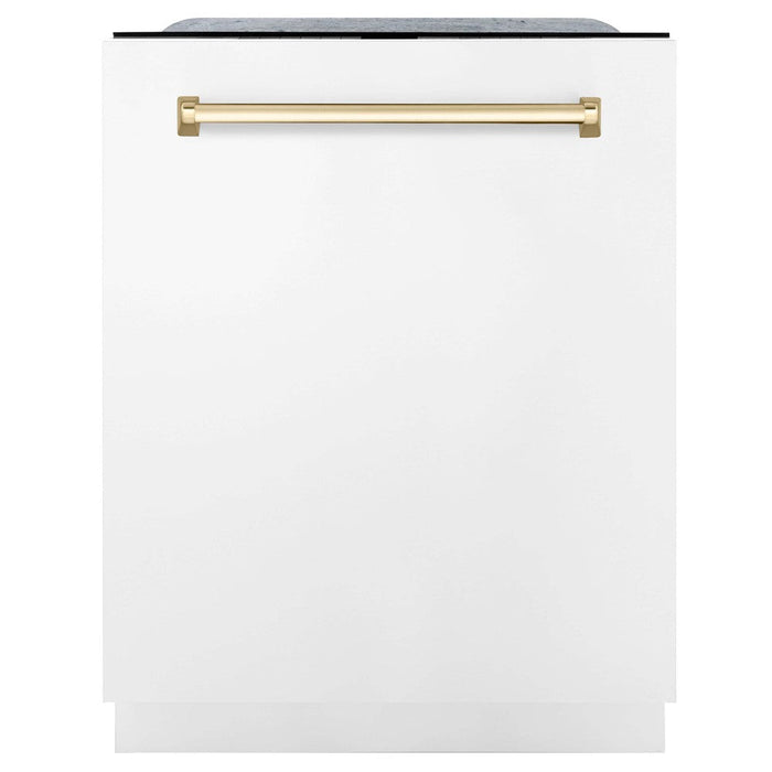 ZLINE Autograph Edition 48 in. Kitchen Package with Stainless Steel Dual Fuel Range with White Matte Door, Range Hood and Dishwasher with Polished Gold Accents (3AKP-RAWMRHDWM48-G)