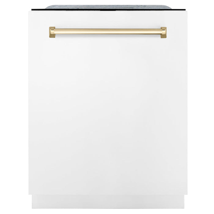 ZLINE Autograph Package - 30 In. Dual Fuel Range, Range Hood, Dishwasher in White Matte with Gold Accents, 3AKP-RAWMRHDWM30-G