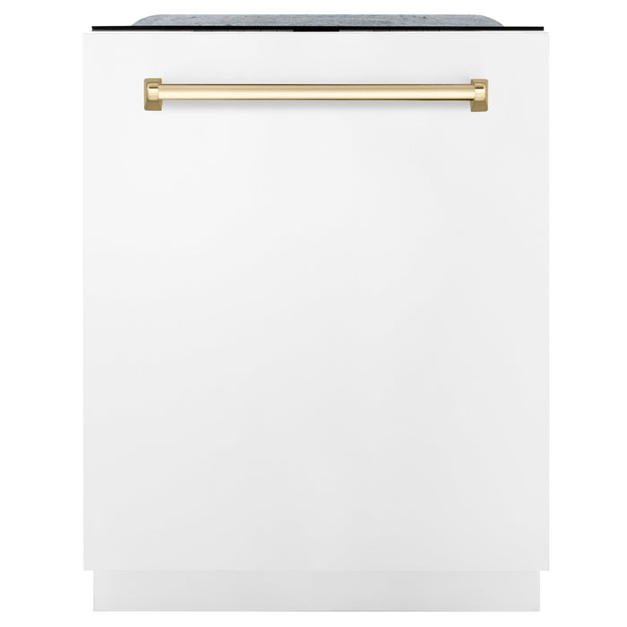 ZLINE Autograph Edition 24 inch Tall Dishwasher, Touch Control, in White Matte with Gold Handle, DWMTZ-WM-24-G