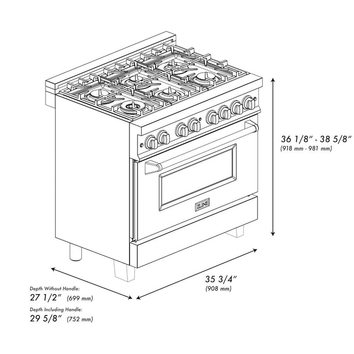 ZLINE Autograph Edition 36 in. 4.6 cu. ft. Legacy Dual Fuel Range with 6 Burner Gas Cooktop and Electric Convection Oven in DuraSnow® Stainless Steel and Champagne Bronze Accents (RASZ-SN-36-CB)