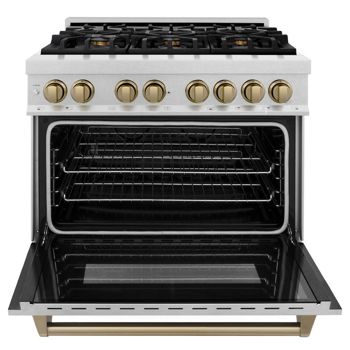 ZLINE Autograph Edition 36 in. 4.6 cu. ft. Legacy Dual Fuel Range with 6 Burner Gas Cooktop and Electric Convection Oven in DuraSnow® Stainless Steel and Champagne Bronze Accents (RASZ-SN-36-CB)