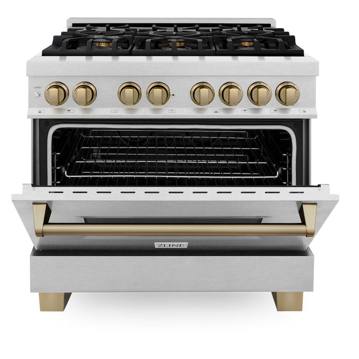 ZLINE Autograph Edition 36 in. 4.6 cu. ft. Legacy Dual Fuel Range with 6 Burner Gas Cooktop and Electric Convection Oven in DuraSnow® Stainless Steel and Champagne Bronze Accents (RASZ-SN-36-CB)