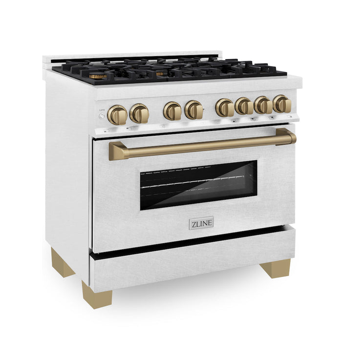 ZLINE Autograph Edition 36 in. 4.6 cu. ft. Legacy Dual Fuel Range with 6 Burner Gas Cooktop and Electric Convection Oven in DuraSnow® Stainless Steel and Champagne Bronze Accents (RASZ-SN-36-CB)